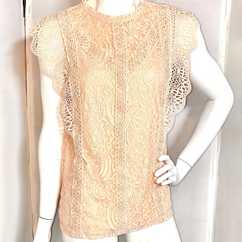 Cable & Gauge Peach Lace Flutter Sleeve Blouse NWOT
